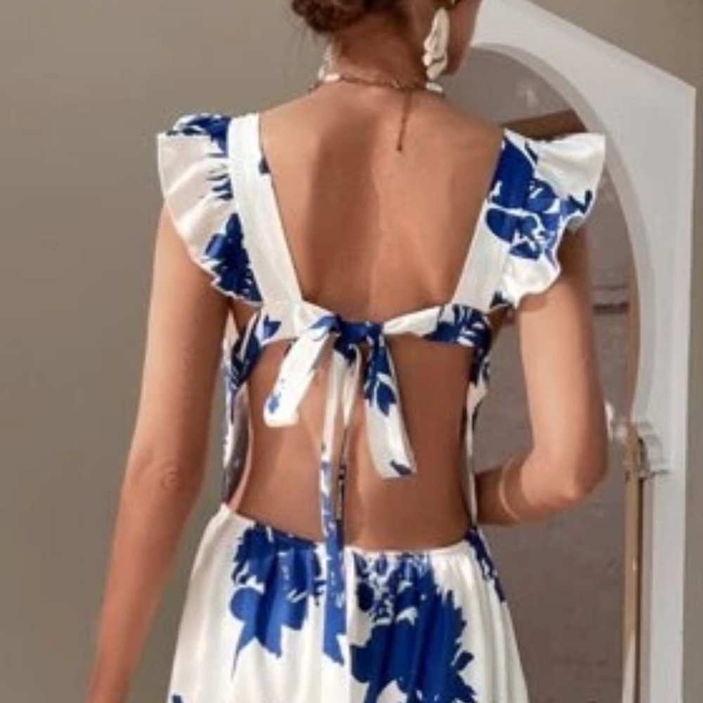 Boho floral butterfly sleeve ruffle hem tie back dress blue white - Picture 5 of 7